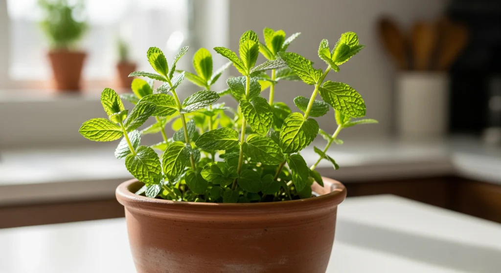 A vibrant, healthy mint plant thriving in a terracotta pot on a sunlit kitchen counter, ready to provide fresh leaves for enjoying the **benefits of mint**.