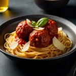 A dark bowl of spaghetti topped with three large homemade Italian meatballs in a rich tomato sauce, garnished with Parmesan cheese shavings and a fresh basil sprig.