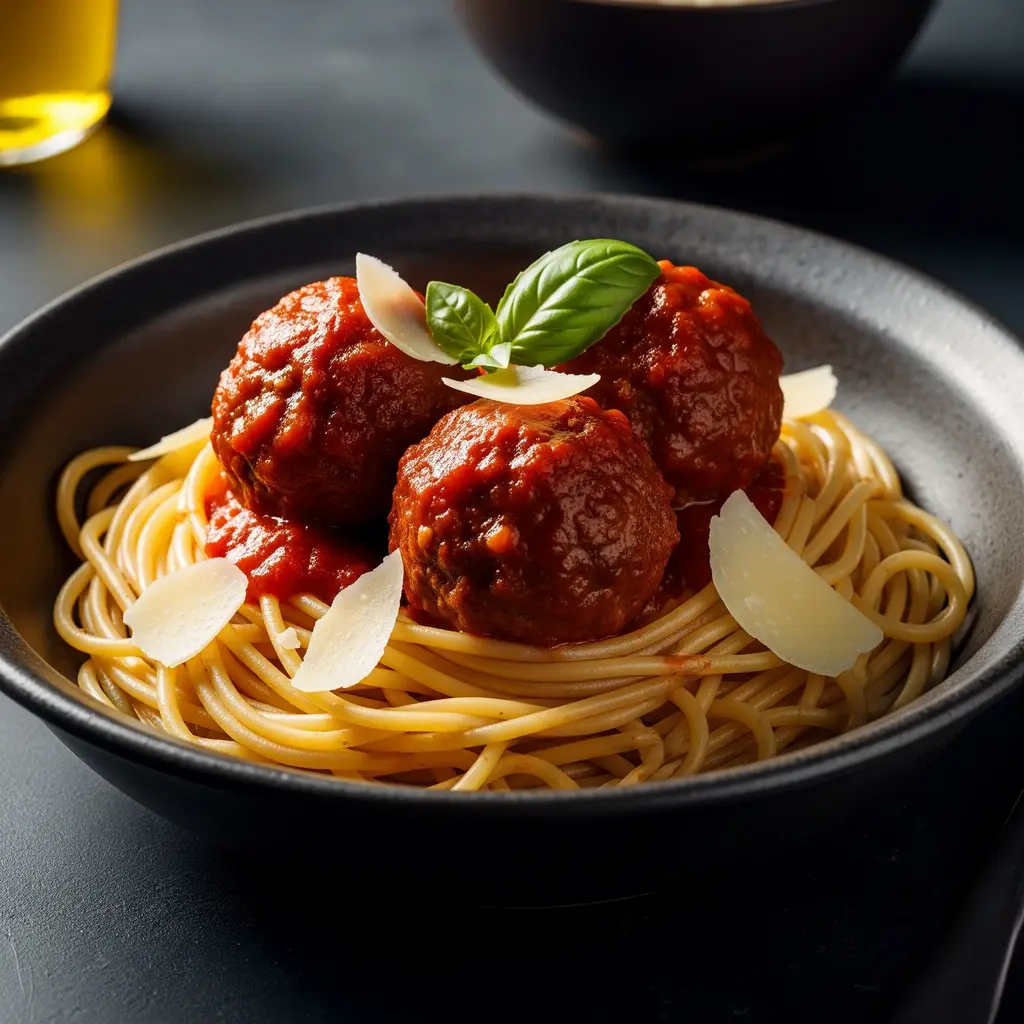 A dark bowl of spaghetti topped with three large homemade Italian meatballs in a rich tomato sauce, garnished with Parmesan cheese shavings and a fresh basil sprig.