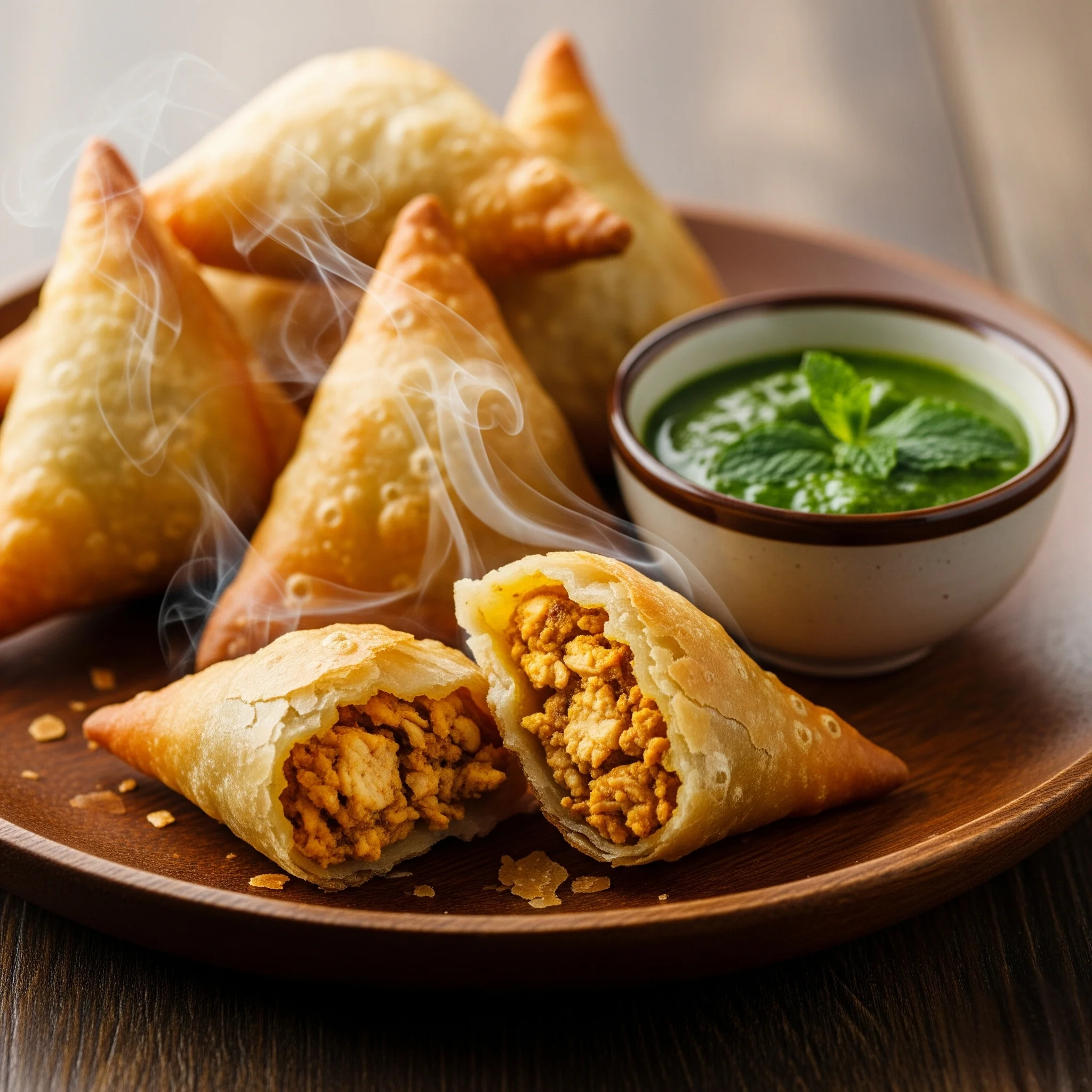 A wooden plate piled with hot and Crispy Chicken Samosas , with one broken open to reveal the savory spiced chicken filling, served with a side of mint chutney.