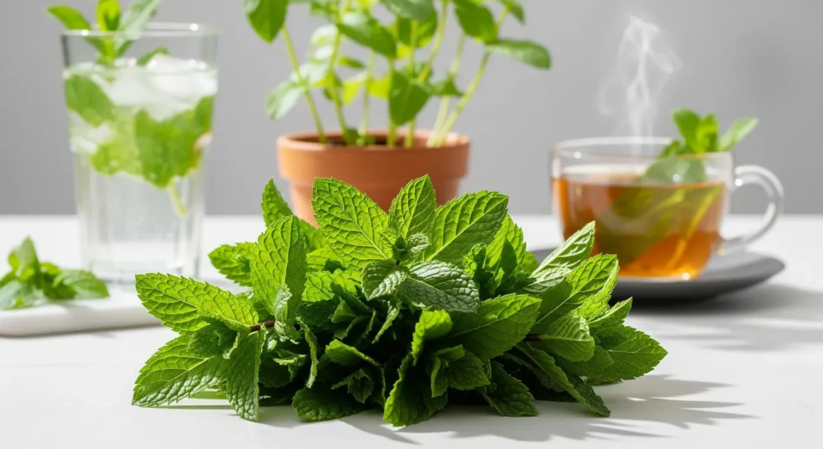 A fresh bunch of mint leaves with a glass of iced mint water, a cup of hot mint tea, and a potted mint plant in the background, illustrating the many versatile benefits of mint.