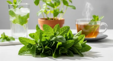 A fresh bunch of mint leaves with a glass of iced mint water, a cup of hot mint tea, and a potted mint plant in the background, illustrating the many versatile benefits of mint.
