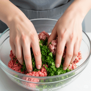 A close-up of a person's hands gently mixing raw ground meat and fresh chopped parsley together in a large glass bowl to form a meatball mixture.