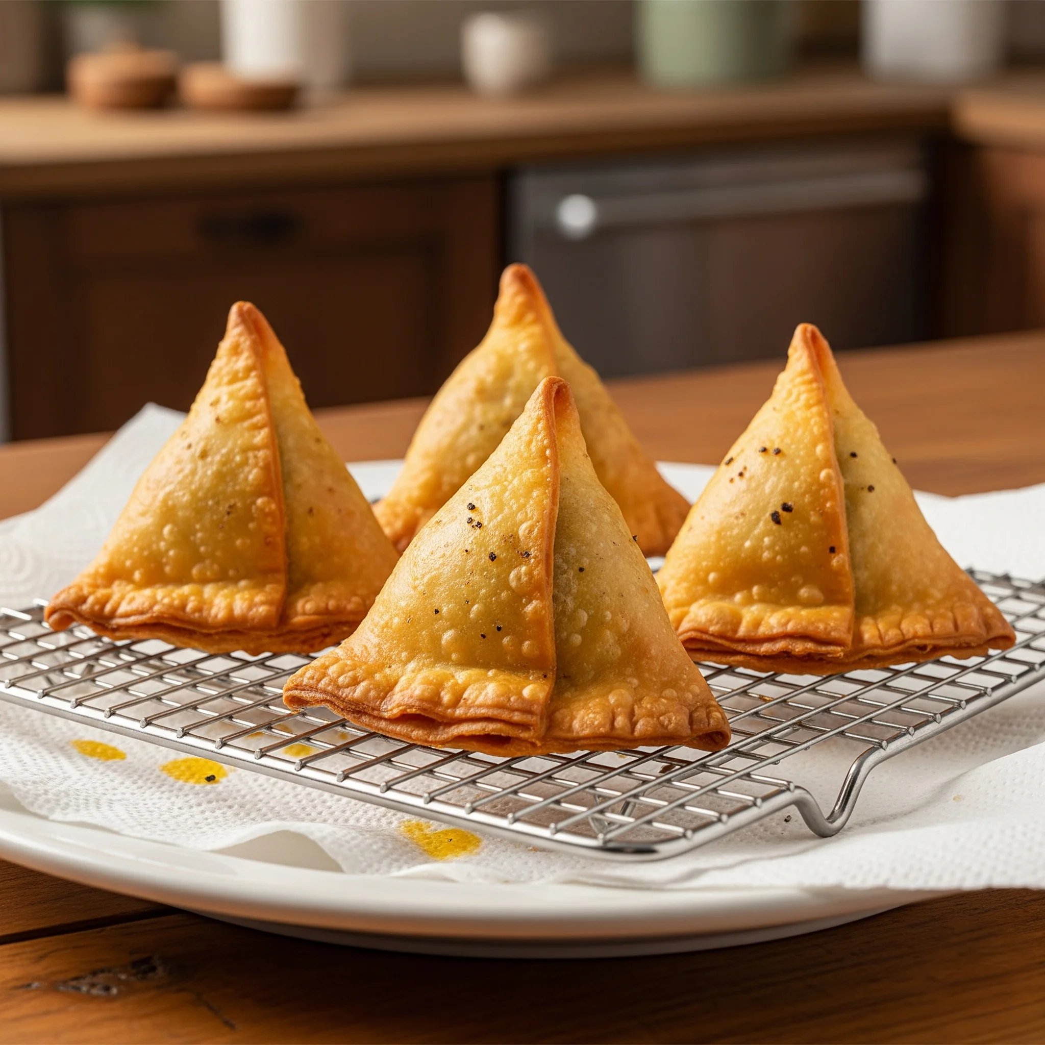 Four perfectly golden-brown and crispy homemade samosas draining on a metal wire rack set over a paper towel to remove excess oil after frying.