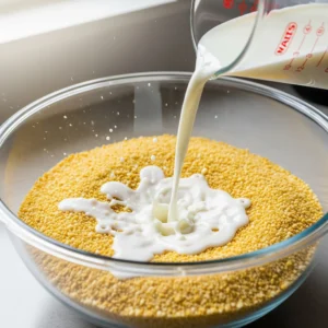 A stream of white milk being poured from a glass measuring cup into a clear glass bowl filled with small yellow grains like millet or couscous.