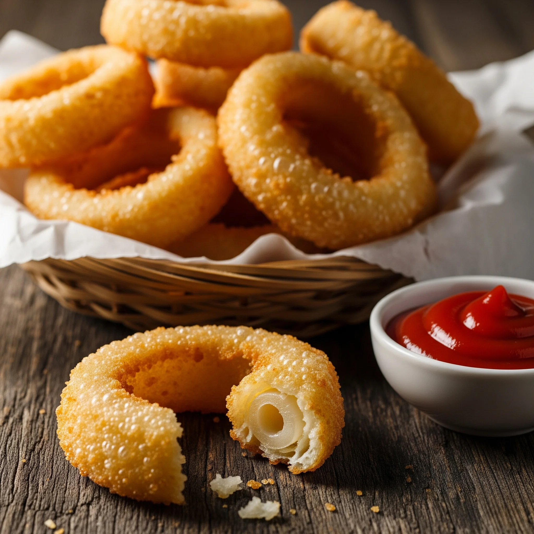 A basket of easy crispy onion rings, perfectly golden and crunchy, served with a side of ketchup. One onion ring is broken open to show the soft onion inside the crispy crust.