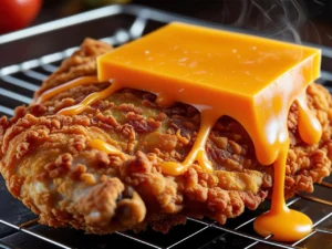 A perfectly fried, extra-crispy chicken fillet resting on a metal wire rack, with a slice of bright orange cheddar cheese melting beautifully over its surface.