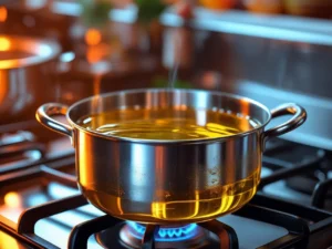 A heavy-bottomed silver pot on a gas stove burner, filled with clear cooking oil that is shimmering and hot, ready for frying.