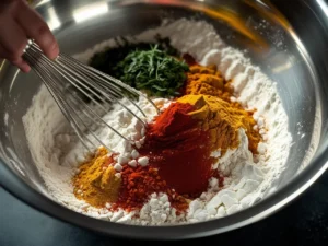 A metal whisk stirring a mixture of white flour, red paprika, yellow turmeric, and green herbs in a large stainless steel bowl to create a seasoned coating for crispy chicken.