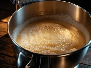 A close-up of a perfectly proofed and activated yeast mixture, which has become foamy and bubbly, in a stainless steel stand mixer bowl on a rustic wooden table.