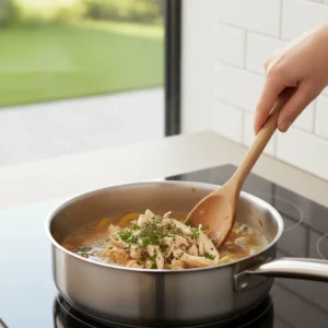 A wooden spoon stirring shredded chicken and fresh herbs into a simmering broth, creating the base for a delicious creamy chicken stew.