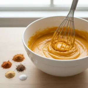 A whisk mixing pumpkin pie filling in a white bowl, with small piles of the best spices for pumpkin pie—cinnamon, ginger, nutmeg, and cloves—arranged nearby.