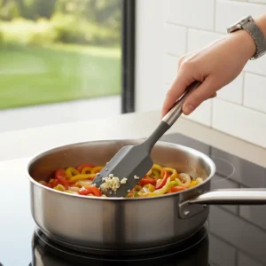 A spatula adding fresh minced garlic to a pan of softened vegetables, creating a fragrant base for a chicken stew with dumplings.