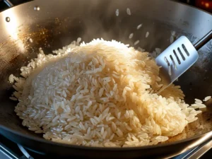 A close-up of a metal spatula pressing into and breaking up clumps of cold, day-old rice in a hot wok, showing the individual grains starting to toast.