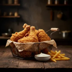 A basket of hot, steaming, and crispy Al Baik style fried chicken, served on a rustic wooden table with a side of french fries and a bowl of creamy garlic sauce.