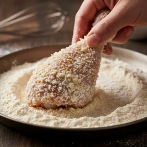A hand applying the second and final coat of seasoned flour to a chicken leg for the Al Baik style fried chicken recipe, creating a thick, craggy texture.