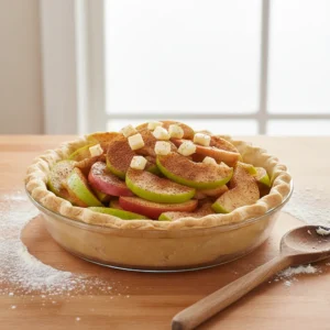Assembling a homemade apple pie, showing the prepared apple pie filling recipe mounded in a pie crust and dotted with small pieces of butter before baking.