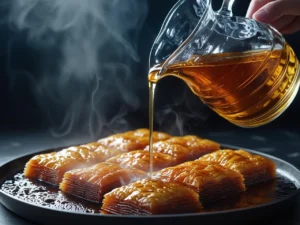 A close-up action shot of cool honey syrup being poured from a glass pitcher onto a pan of hot, golden-brown baklava, creating a visible sizzle and steam.