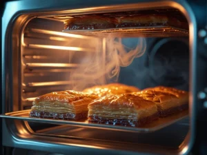 A view through an oven door window showing a tray of pre-cut baklava baking to a deep golden-brown color under the warm oven light, with steam rising.