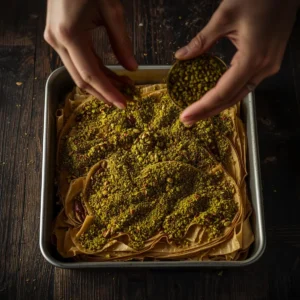 A top-down view of hands sprinkling a thick, even layer of vibrant green, coarsely ground pistachios over a stack of buttered phyllo sheets in a baking pan for a pistachio baklava recipe.