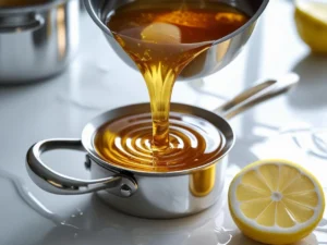 Thick, golden honey being poured into a small silver saucepan containing a sugar and water mixture, with a fresh lemon slice nearby, to create the sweet syrup for baklava.