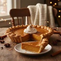 A beautifully baked Best Pumpkin Pie Recipe with a slice cut out and served on a plate, topped with whipped cream and a sprinkle of cinnamon, all set on a rustic wooden table with holiday decorations.