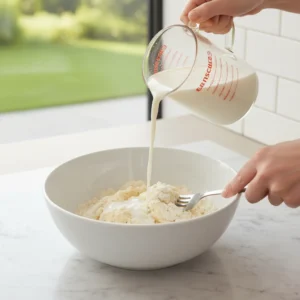 Pouring milk into a flour and butter mixture to form a soft dough, a key step in this fluffy dumplings recipe from scratch.