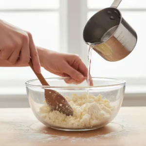 Pouring ice water into a flour and butter mixture to create a flaky pie crust for a simple pumpkin pie from scratch.