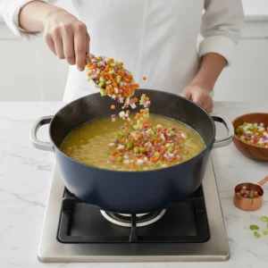 A chef adding finely chopped onion, carrots, and celery to a pot of broth, creating the vegetable base for a chicken stew with dumplings