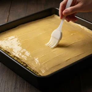 A hand using a pastry brush to apply a final generous coat of melted butter to the top layer of phyllo dough while assembling baklava in a baking pan.