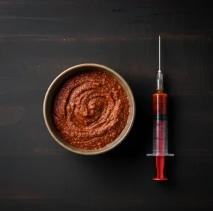 A top-down view of a bowl of spicy red sauce next to a food injector filled with a liquid marinade, used to flavor Al Baik style fried chicken.