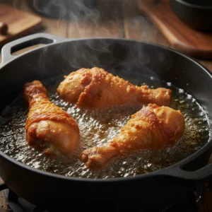 Three pieces of Al Baik style fried chicken sizzling in a cast-iron pot of hot oil, being fried to a perfect, deep golden-brown and crispy texture.