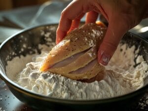 A close-up of a hand pressing a buttermilk-marinated chicken breast into a bowl of seasoned flour, ensuring a thick, even coating before frying.