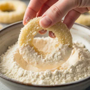 A hand dipping a wet-battered onion ring into a bowl of seasoned flour, demonstrating the double-dip coating method for making extra crispy onion rings.
