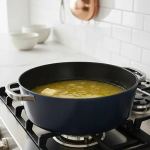 A spatula adding fresh minced garlic to a pan of softened vegetables, creating a fragrant base for a chicken stew with dumplings