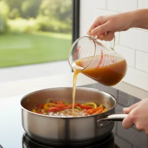 Pouring a rich chicken broth from a measuring cup into a pan of sautéed vegetables, creating the liquid base for homemade chicken and dumplings.