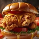 The ultimate crispy chicken burger, steaming hot on a plate, featuring a golden fried chicken fillet, melted cheddar cheese, and fresh tomatoes in a toasted brioche bun.