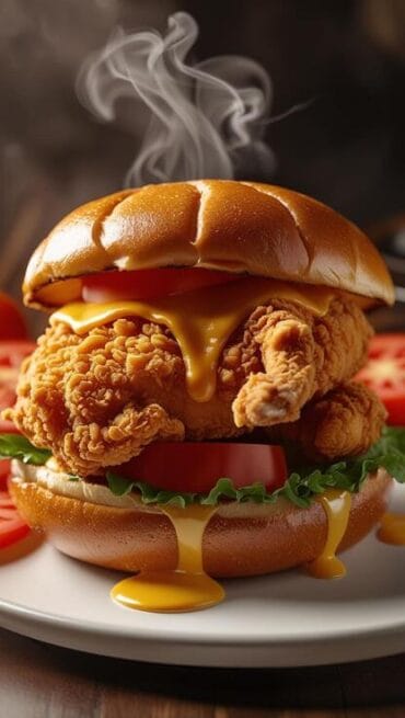 The ultimate crispy chicken burger, steaming hot on a plate, featuring a golden fried chicken fillet, melted cheddar cheese, and fresh tomatoes in a toasted brioche bun.