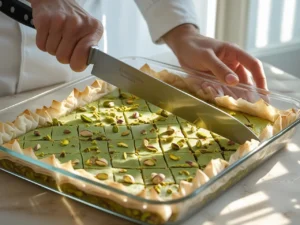 A close-up of a chef's hands carefully using a long, sharp knife to cut a precise diamond pattern into a glass dish of unbaked homemade pistachio baklava.