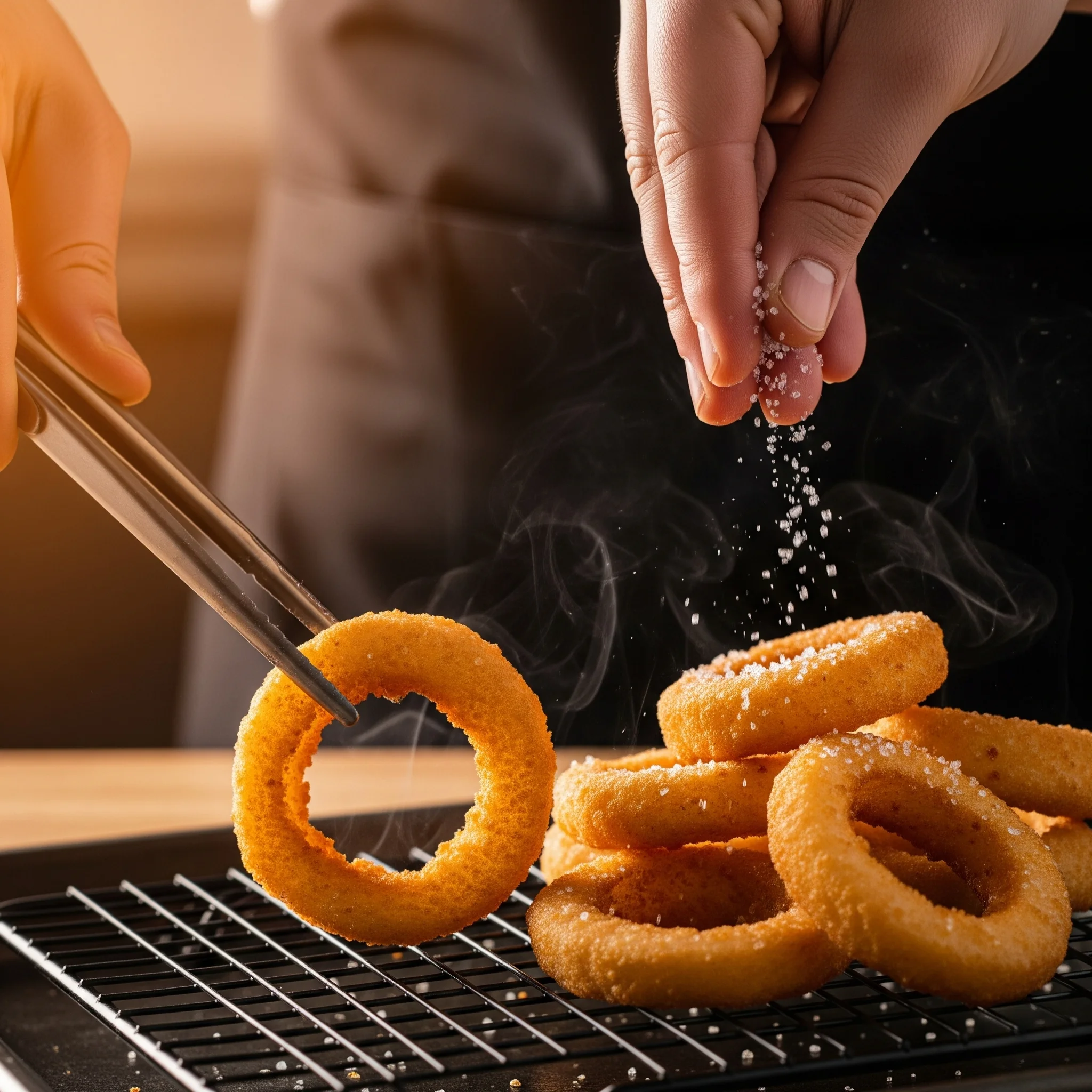 A chef sprinkling salt over a pile of hot, freshly fried crispy onion rings that are draining on a black wire rack to ensure maximum crispiness and flavor.