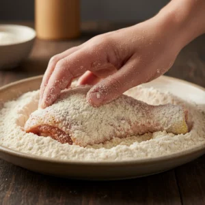A hand pressing a marinated raw chicken leg firmly into a shallow dish of seasoned flour to create a thick, even coating for Al Baik style fried chicken.
