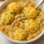 A white bowl filled with a thick and creamy chicken and dumplings stew, featuring large, fluffy dumplings, shredded chicken, and carrots, garnished with fresh parsley.