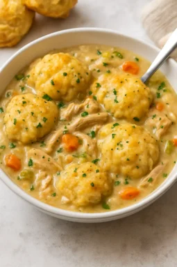 A white bowl filled with a thick and creamy chicken and dumplings stew, featuring large, fluffy dumplings, shredded chicken, and carrots, garnished with fresh parsley.