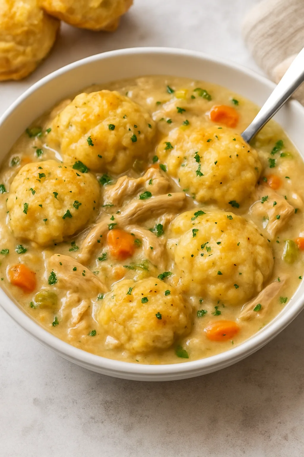 A white bowl filled with a thick and creamy chicken and dumplings stew, featuring large, fluffy dumplings, shredded chicken, and carrots, garnished with fresh parsley.