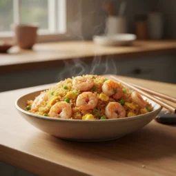 A warm bowl of steaming hot homemade shrimp fried rice, filled with juicy shrimp, peas, and egg, served on a wooden table in a bright kitchen.
