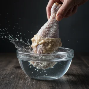 A hand dipping a flour-coated chicken leg into a bowl of water, creating a splash and demonstrating the water dip hack for extra crispy Al Baik style fried chicken.