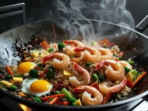A dynamic, high-action shot of cooked shrimp, rice, scrambled egg, and vegetables being tossed together in a hot wok as a dark soy sauce mixture evenly coats all the ingredients.