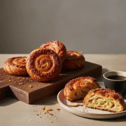 A wooden board with several golden-brown, flaky Kouign Amann pastries sprinkled with sugar. One is broken open on a plate to show its airy, layered interior, served with a cup of coffee.