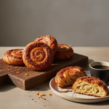 A wooden board with several golden-brown, flaky Kouign Amann pastries sprinkled with sugar. One is broken open on a plate to show its airy, layered interior, served with a cup of coffee.