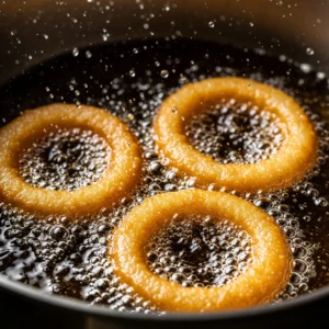 A close-up action shot of three battered onion rings frying to a perfect golden-brown in a pot of hot, bubbling oil, creating the ultimate crispy onion rings.